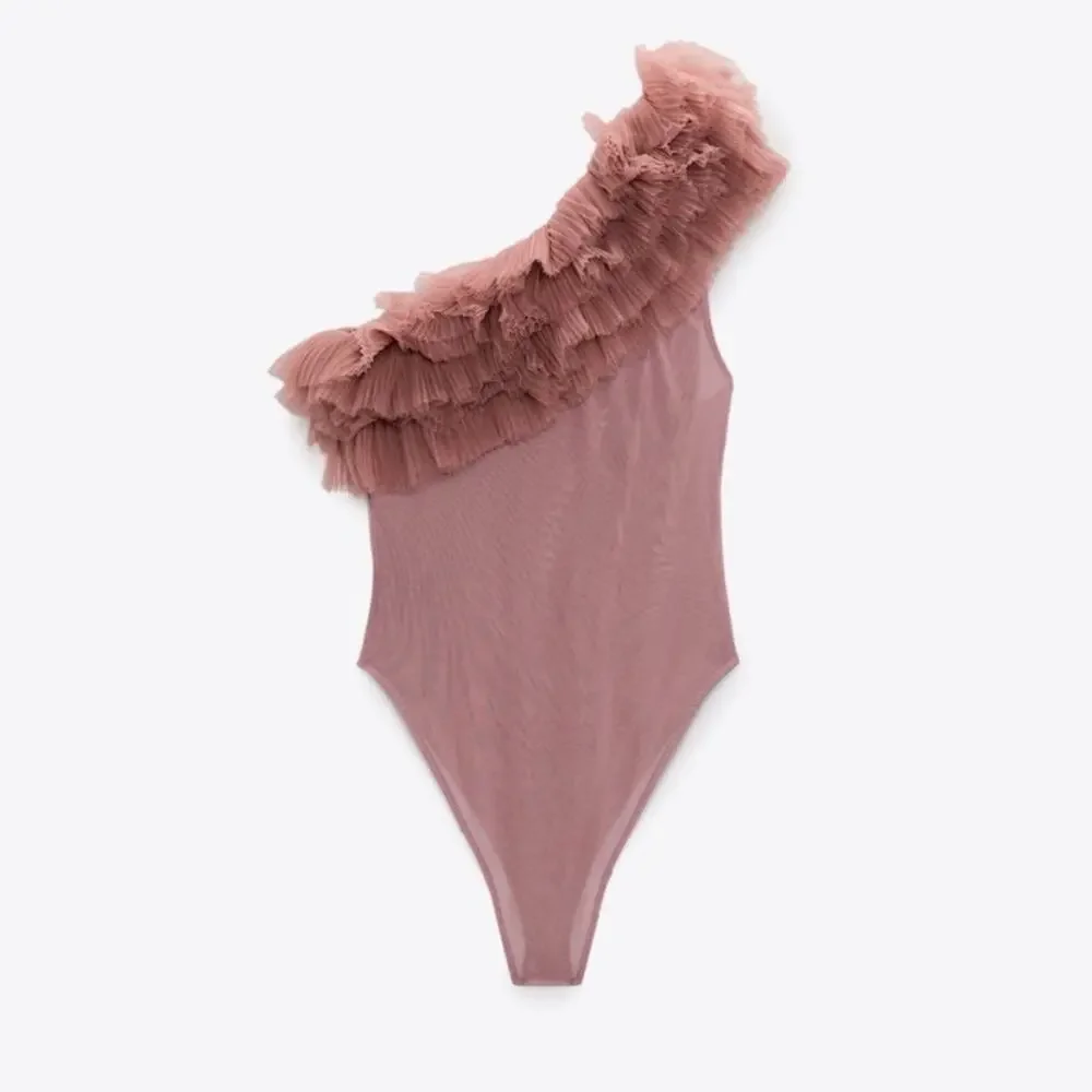 Zara Beige Pink One Shoulder Ruffled Tulle Bodysuit Bloggers Fave Small - Picture 10 of 11